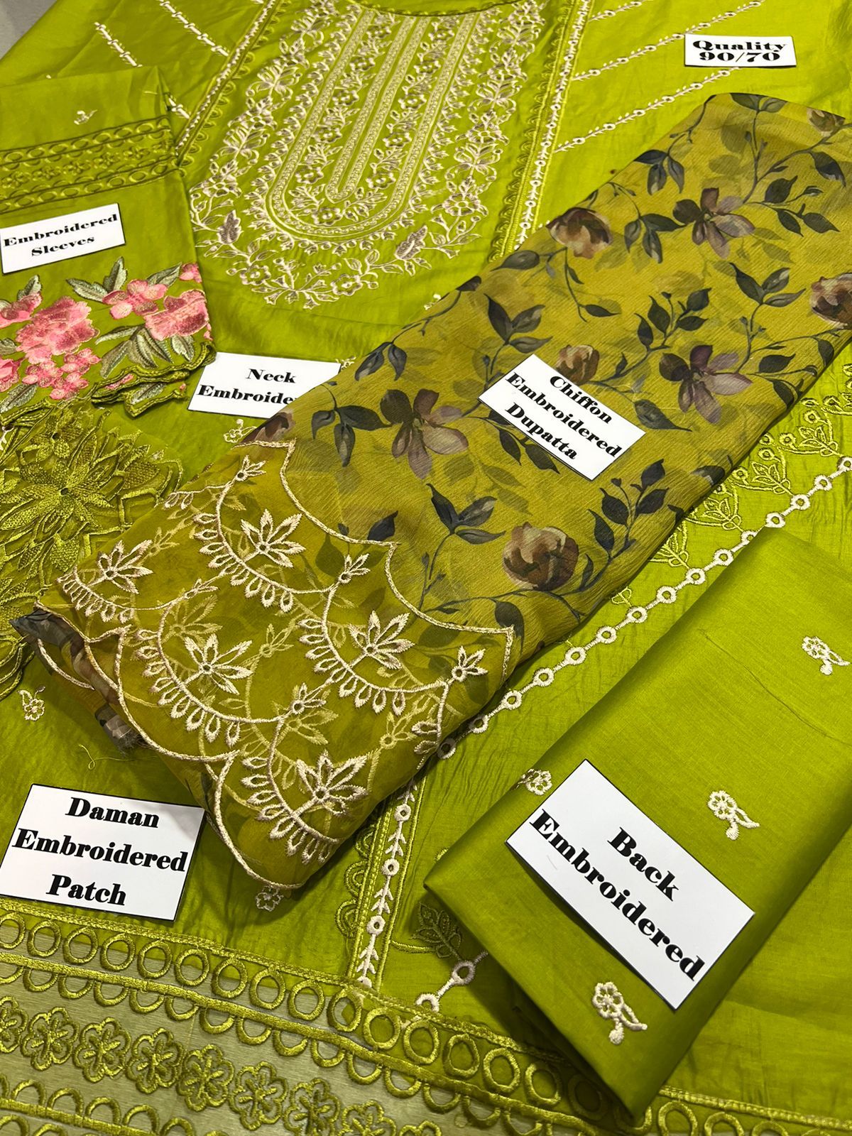 Luxury Lawn Sunlit Olive Eid Celebration Suit - Unstitched